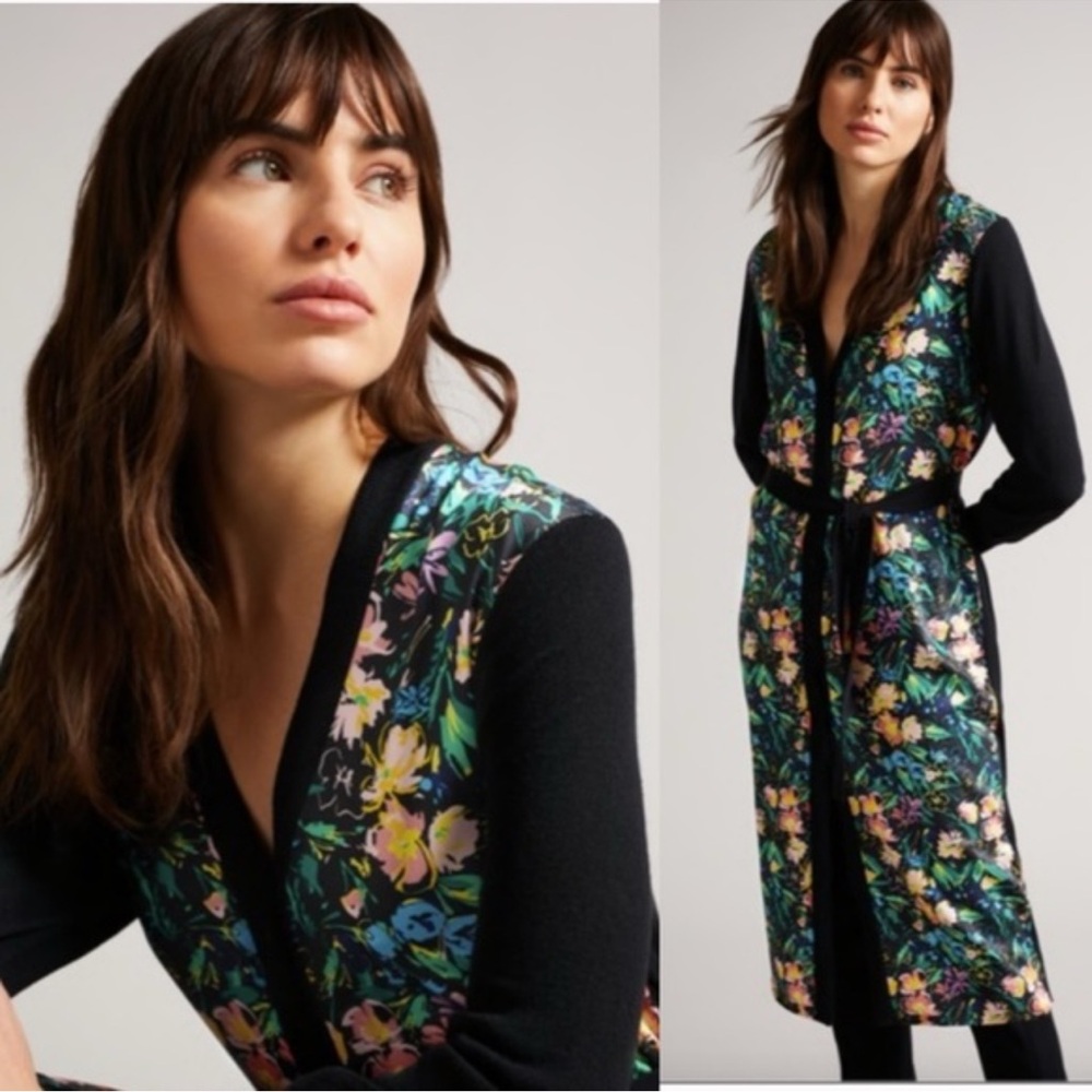 TED BAKER TILJA Long Line Woven Front Cardigan Size 3 = US Size 8